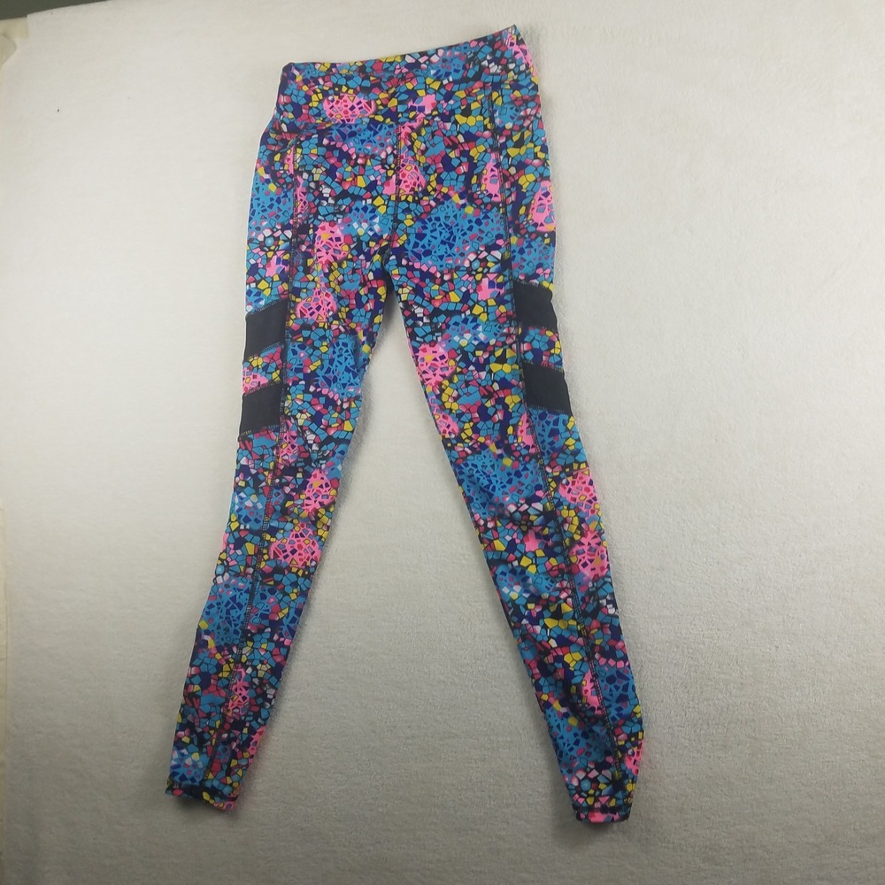 POP Fit Womens‎ Mosaic Geometric Print Mesh Panel High Waisted Leggings Small